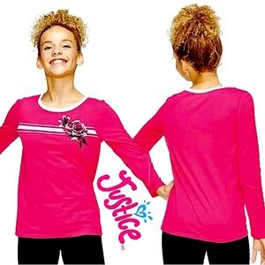 JUSTICE Long Sleeve Ringer Tee in Pink W/Beautiful Rose & Glitter Girl’s Size 12